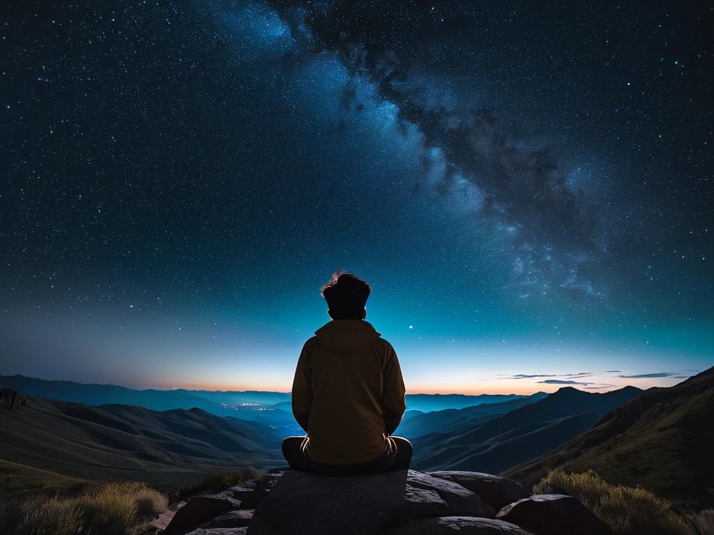 Человек смотрит на ночное небо и размышляет о смысле своей жизни за рамками быта.