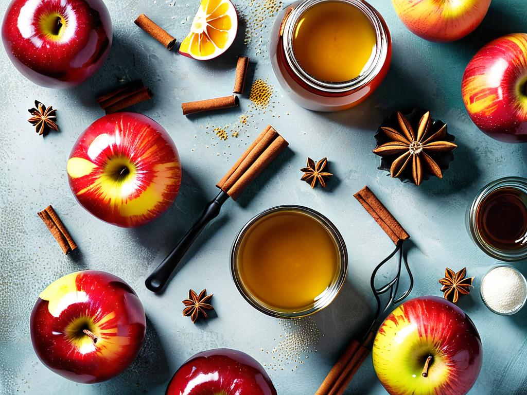 Ингредиенты для запекания яблок с медом и корицей. Вид сверху.