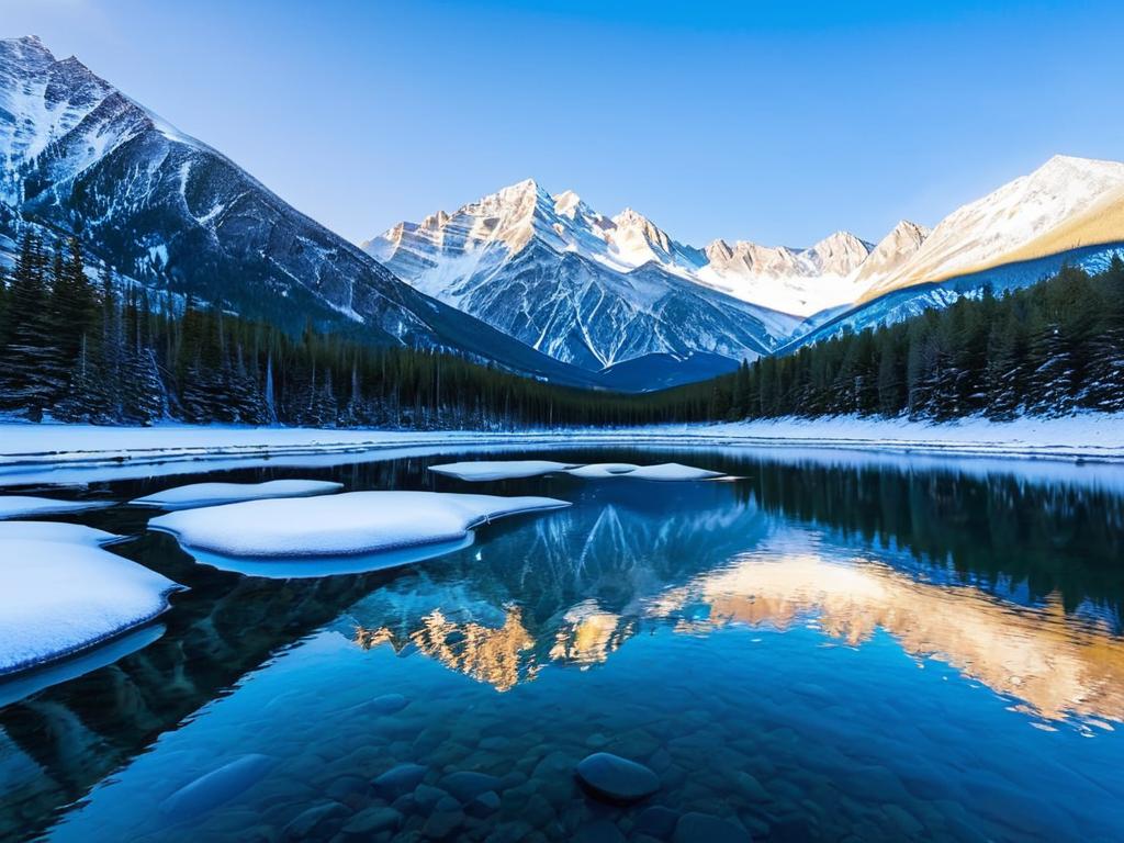 Снежные скалистые горы, отражающиеся в хрустально чистом озере