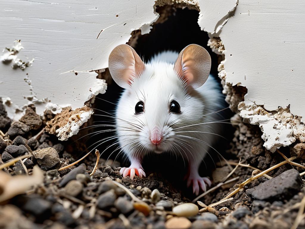 Белая мышь прячется в норке в стене. Детальная фотография грызуна в естественной среде обитания.