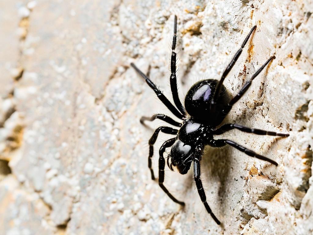 Маленький черный паук ползет по стене вверх