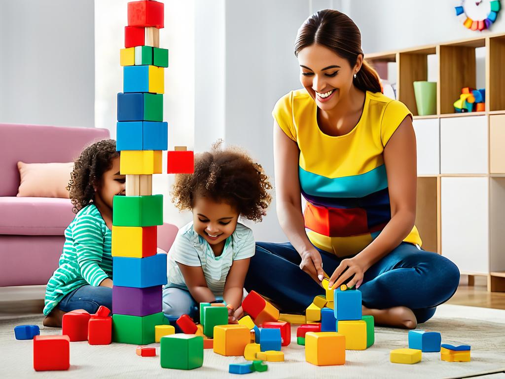 Дети играют строят башню из кубиков под присмотром воспитателя