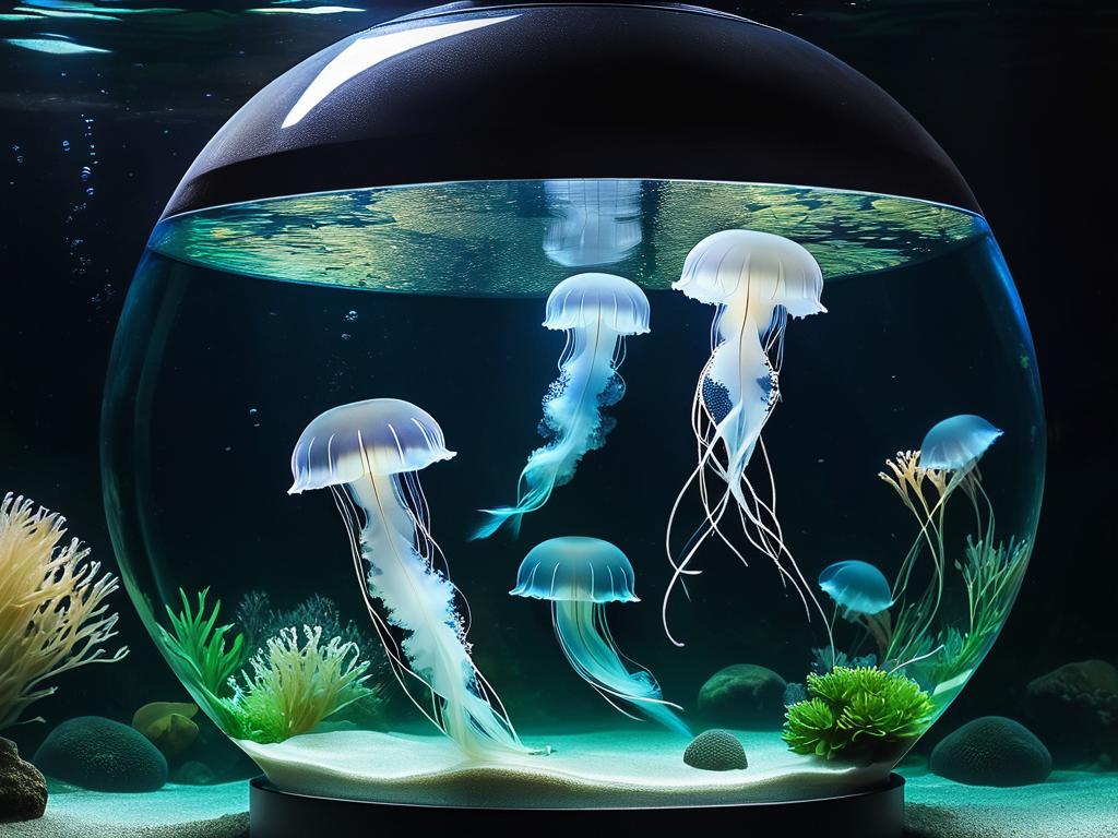 Медузы Аурелия плавают в круглом аквариуме. Мирная сцена