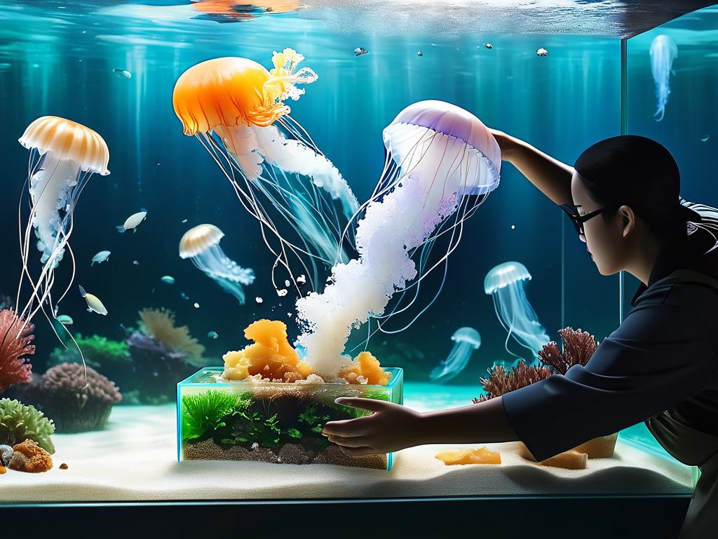 Человек кормит медуз в аквариуме. Сцена кормления