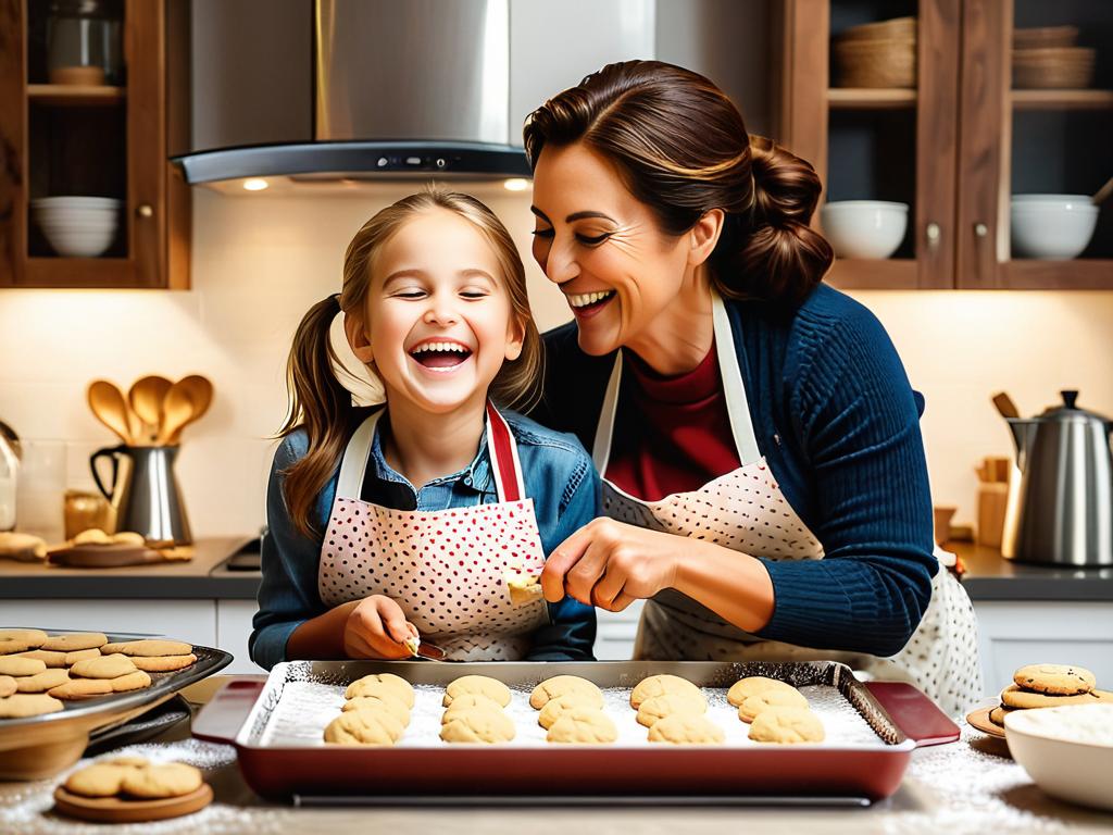 Мама и дочь вместе пекут печенье на кухне, смеются, обнимаются