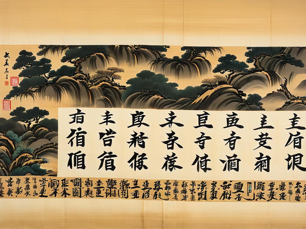 Старинный китайский свиток с изображением мудреца, пишущего иероглифы кистью