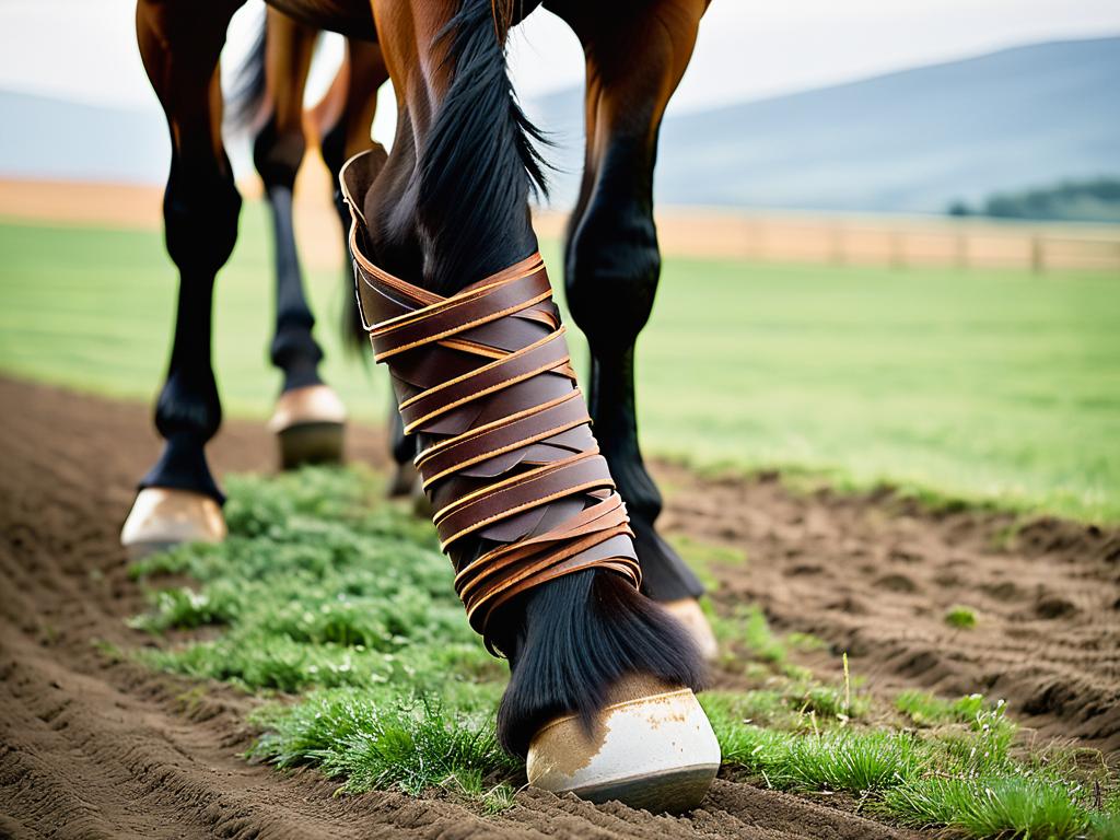 Нога лошади, обмотанная кожаными лентами вместо подковы