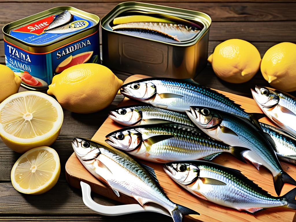 Консервы сайры, тунца, скумбрии и лосося на деревянном столе с лимонами