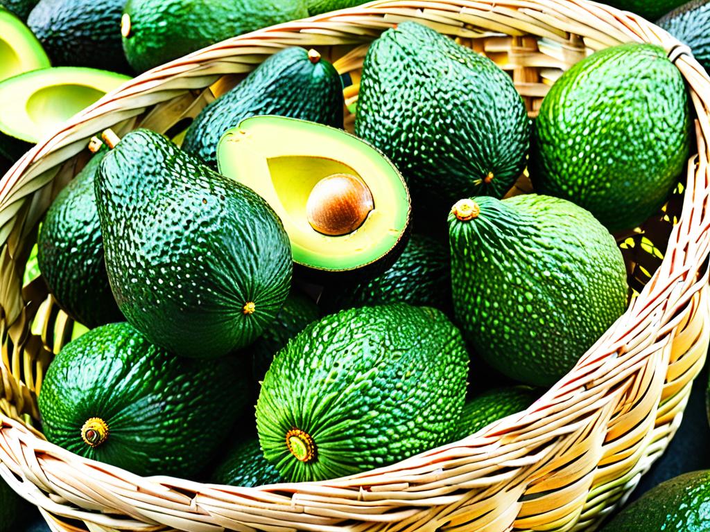 Спелые авокадо с гладкой зеленой кожурой лежат в корзинке