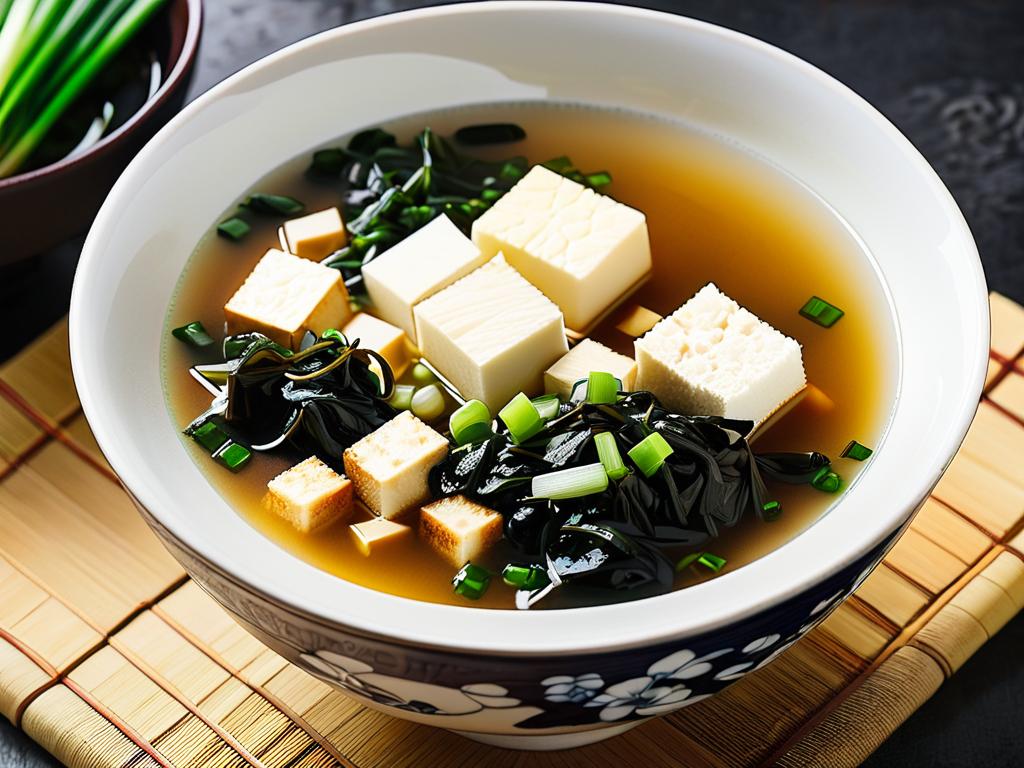 Суп мисо в чашке с тофу, водорослями и зеленым луком