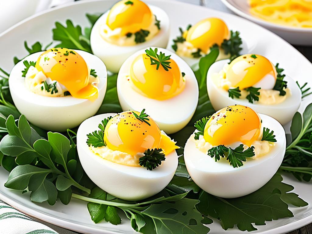 Фаршированные яйца с сыром, украшенные зеленью как рецепт закуски