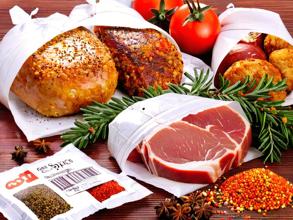 Упаковки свинины, говядины и куриного мяса для фарша лежат на столе вместе с пряностями