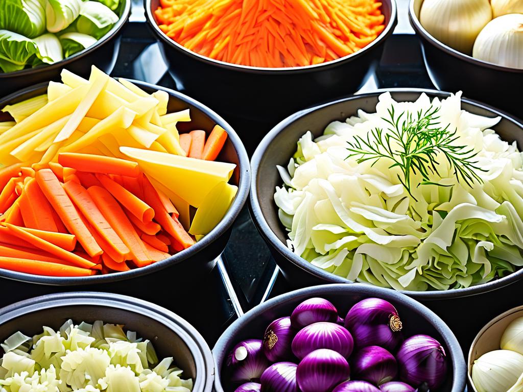 Разнообразные овощи для начинки: капуста, морковь, лук, грибы