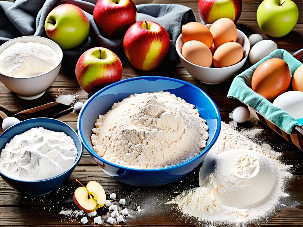 Миски с мукой, яйцами, молоком и яблоками на деревянном столе, ингредиенты для выпечки
