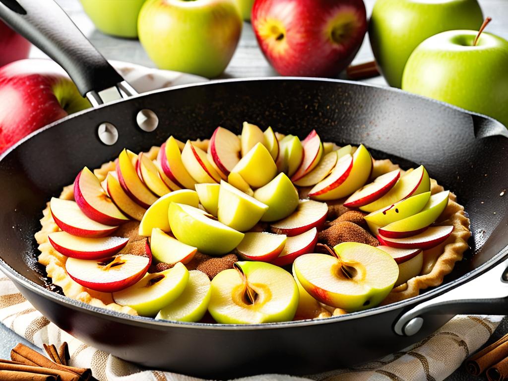 Сковорода с яблоками и корицей, начинка для яблочного пирога крупным планом