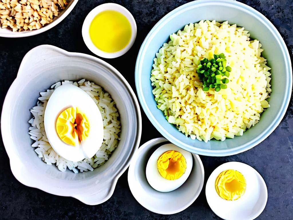 Вареный рис и мелко нарубленные отварные яйца для начинки