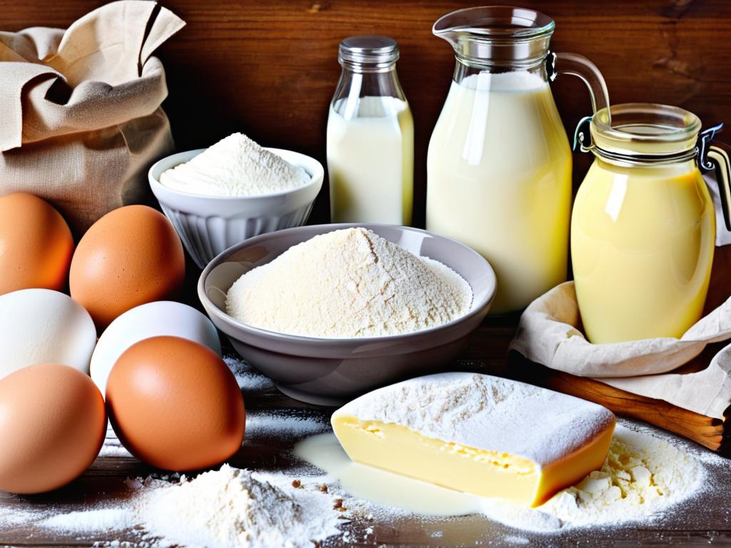 Ингредиенты для теста сладких пирожков, расположенные на столе. Бутылка молока, сахар, яйца, масло,