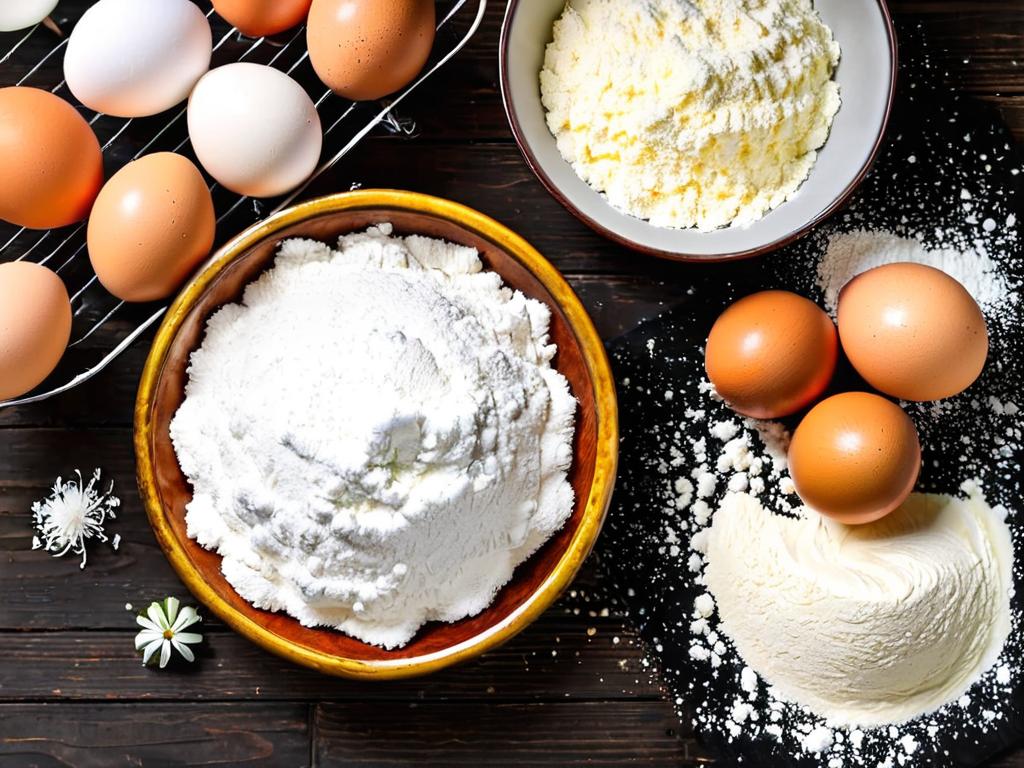 Яйца лук и мука на столе для приготовления пирожков с кефиром крупным планом вид сверху