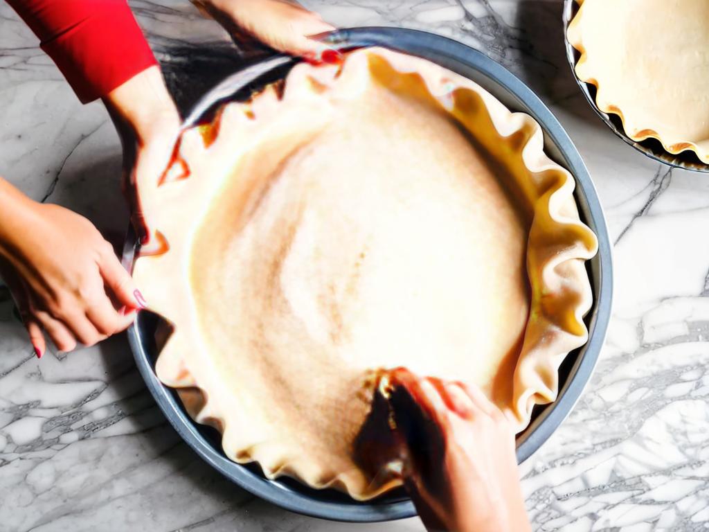 Руки женщины укладывают раскатанное тесто для пирога в форму для выпечки