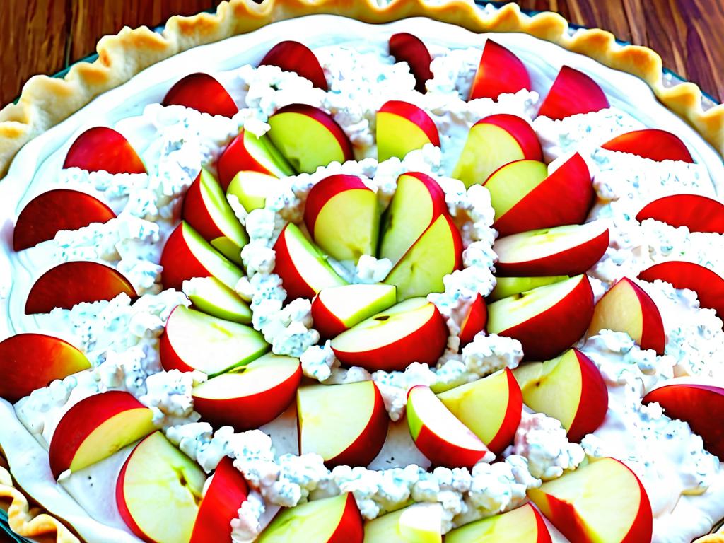 Ломтики яблок, уложенные рядами поверх творожной начинки внутри теста для пирога