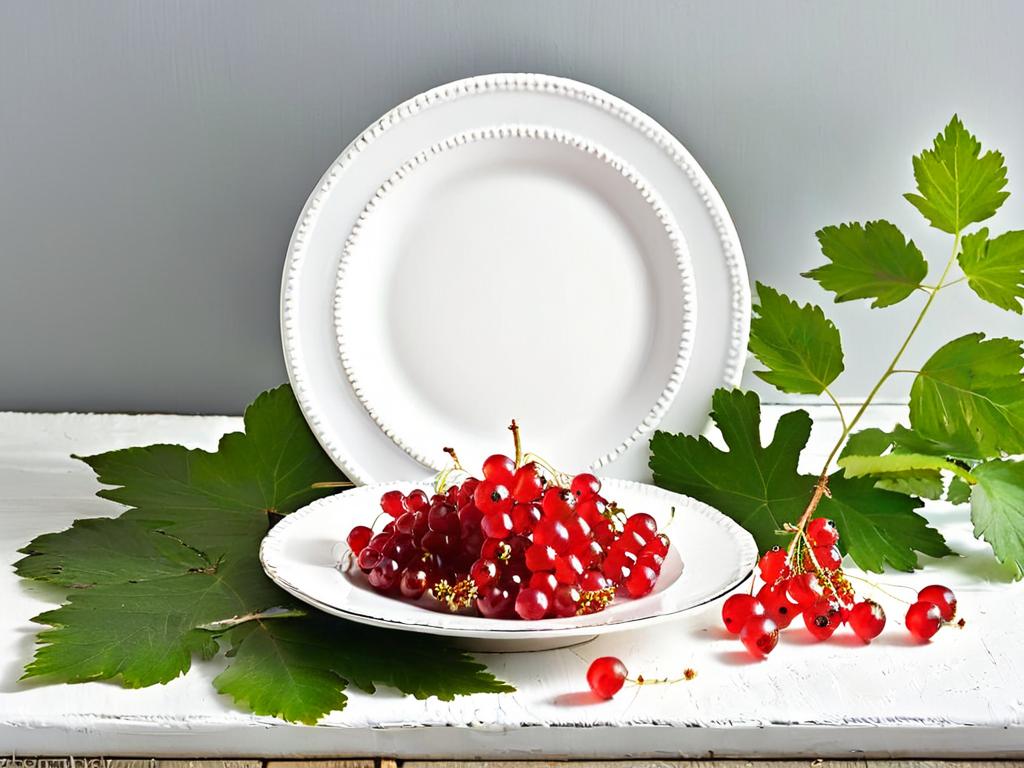 Красная смородина на белой тарелке с листьями