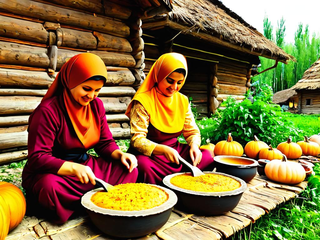 Татарки готовят традиционный пирог из тыквы с рисом букян в глиняных горшках