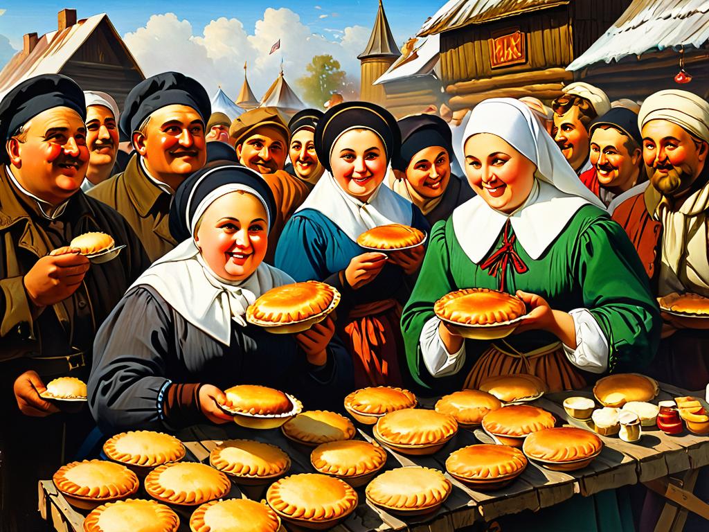 Старинное изображение употребления пирогов на народном гулянии