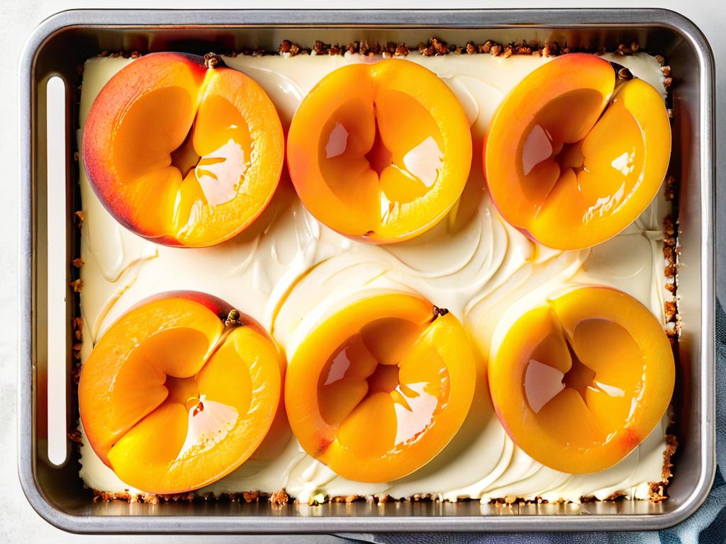 Фото показывает как половинки абрикосов выкладываются на тесто перед выпечкой