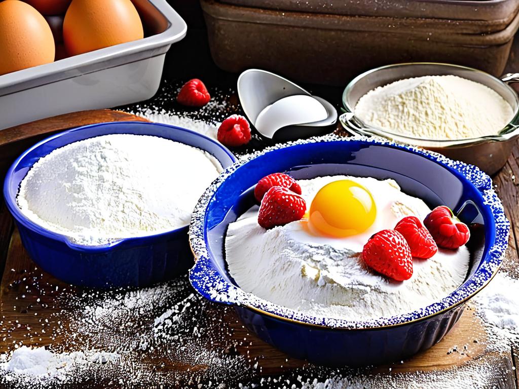 Ягоды смородины, мука, сахар, яйца и форма для выпекания пирога