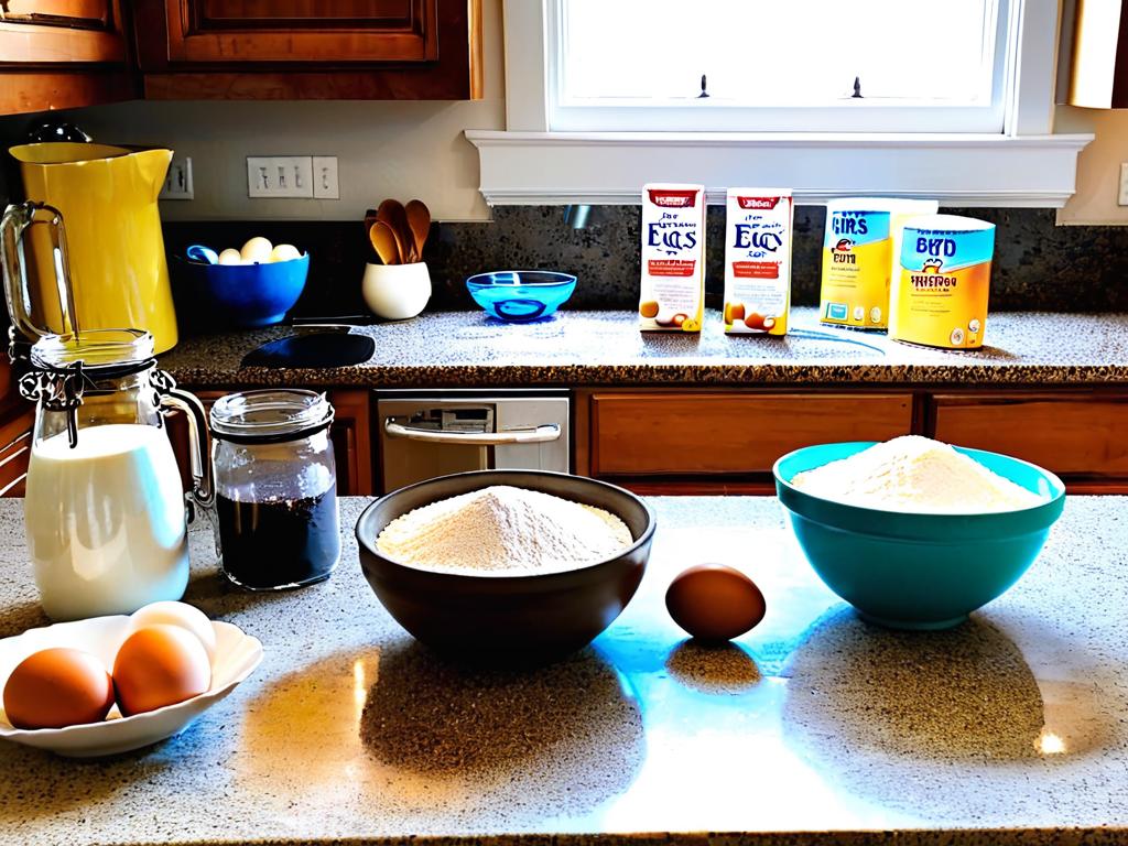 Миски с мукой, сливочным маслом, сахаром, яйцами, разрыхлителем и ванильным экстрактом на кухонной