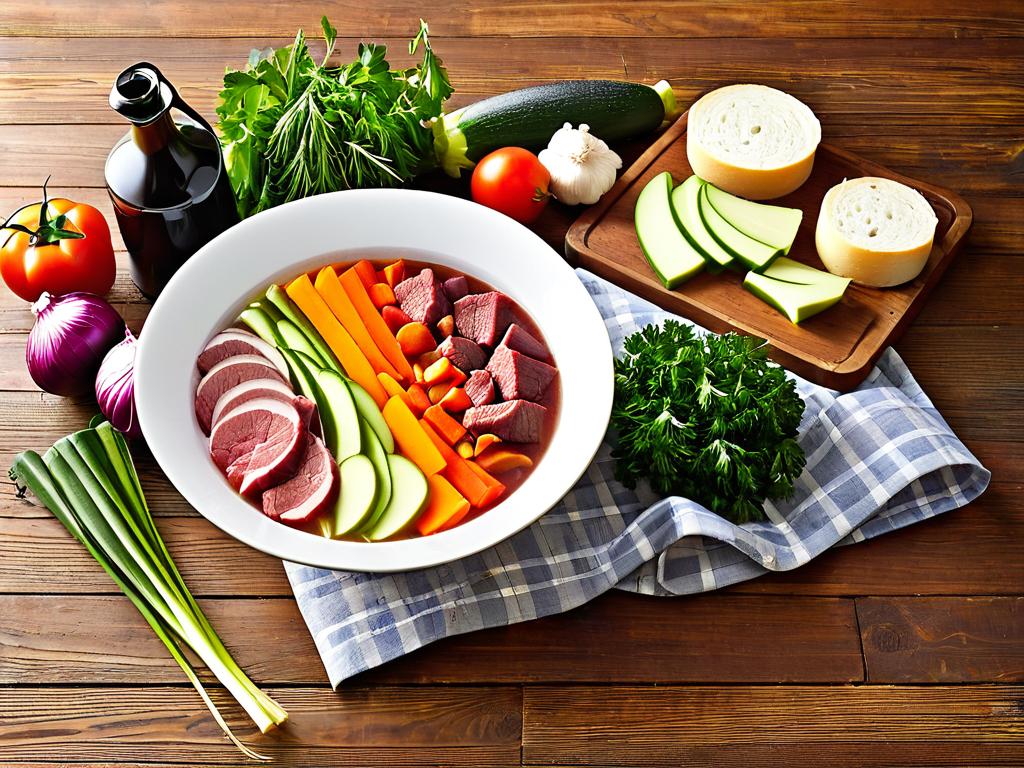 Подбор овощей и куски говядины для домашнего супа