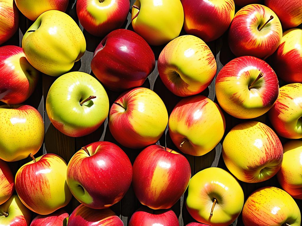 На фото красные и желтые яблоки плотных сортов для шарлотки