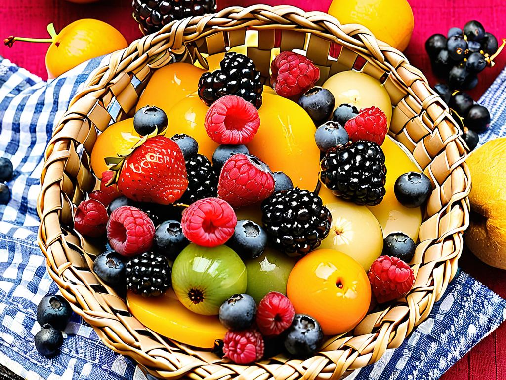 Ассортимент ягод, фруктов и сухофруктов для начинок творожного пирога в плетеной корзинке