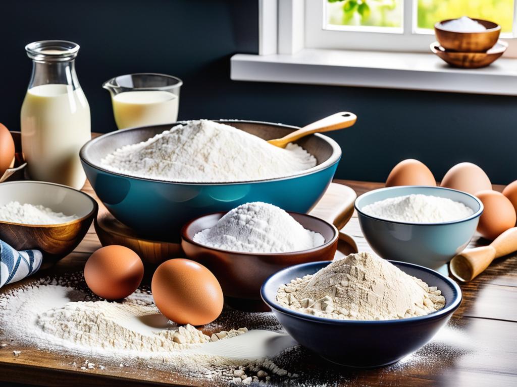 Миски с мукой, молоком, яйцами, сахаром на кухонном столе, готовые для выпечки.