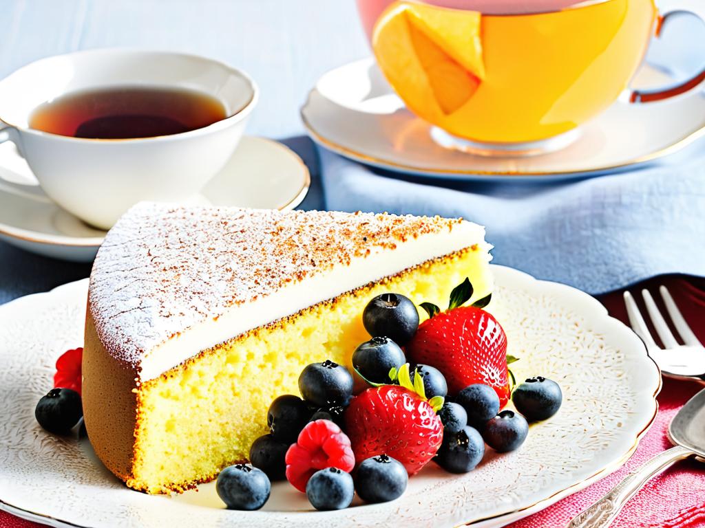 Ломтик домашнего бисквитного пирога на тарелке с фруктами, печеньем и чашкой чая
