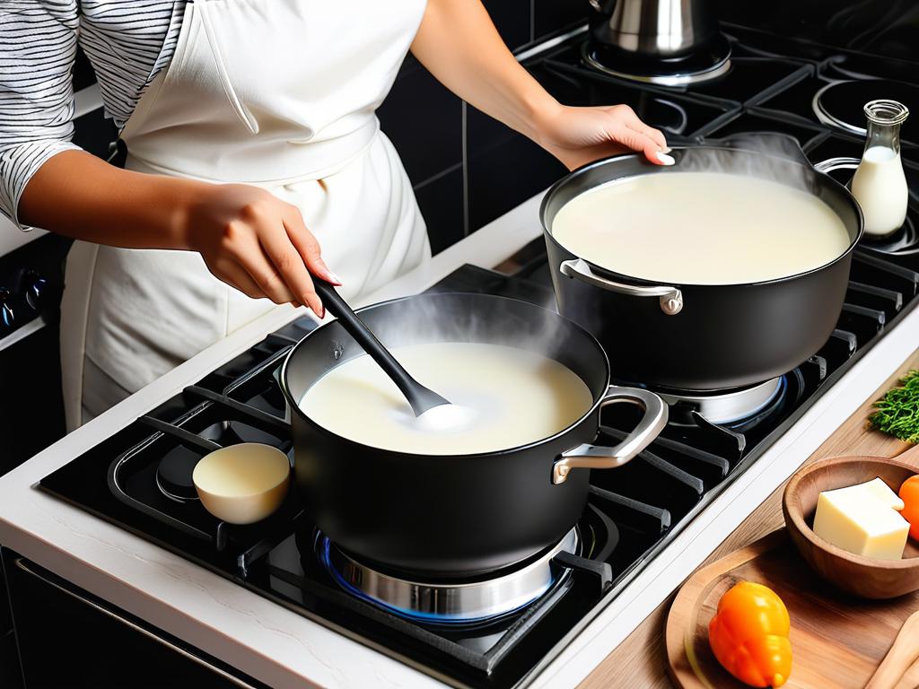 Женщина готовит молочный суп на плите дома. Процесс приготовления