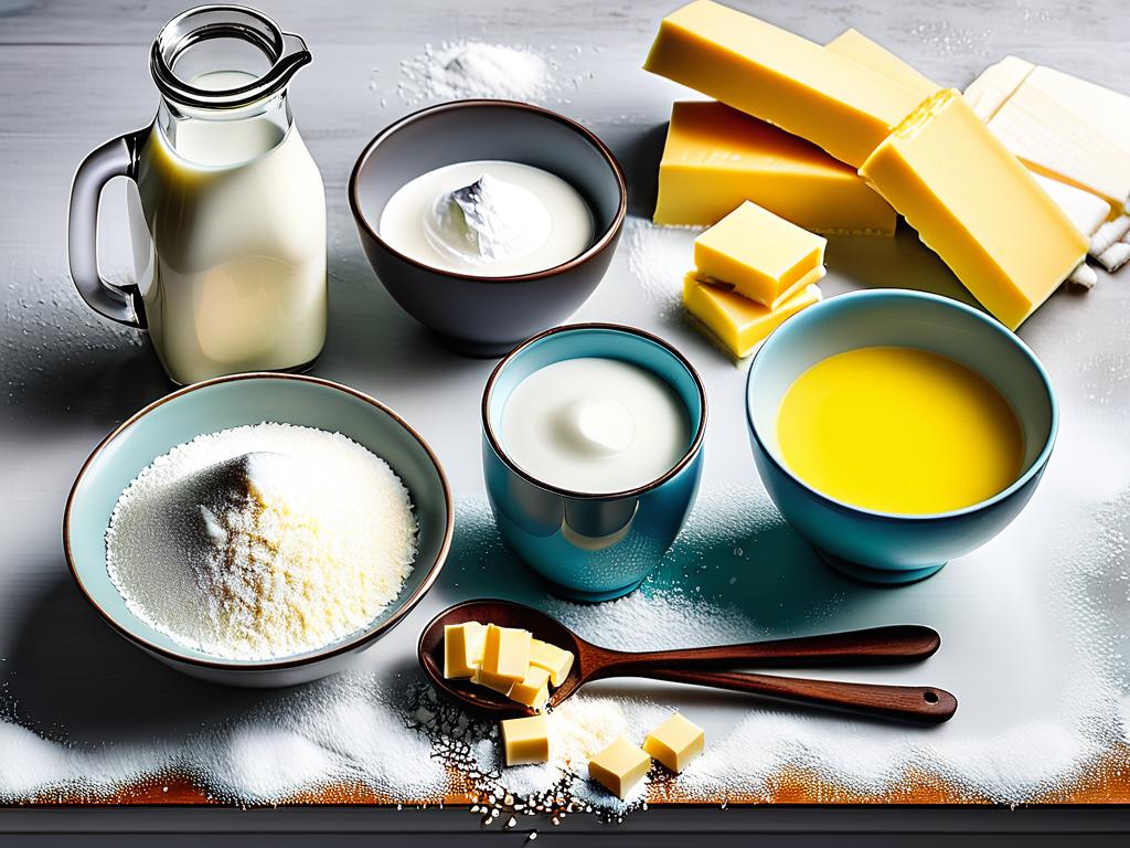 Основные ингредиенты - это молоко, сахар, масло и ваниль на кухонном столе