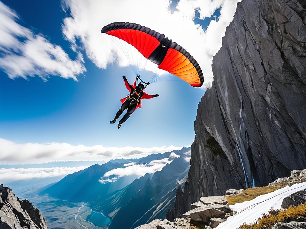 Человек в крылатом костюме прыгает с парашютом с обрыва гор на фоне облаков