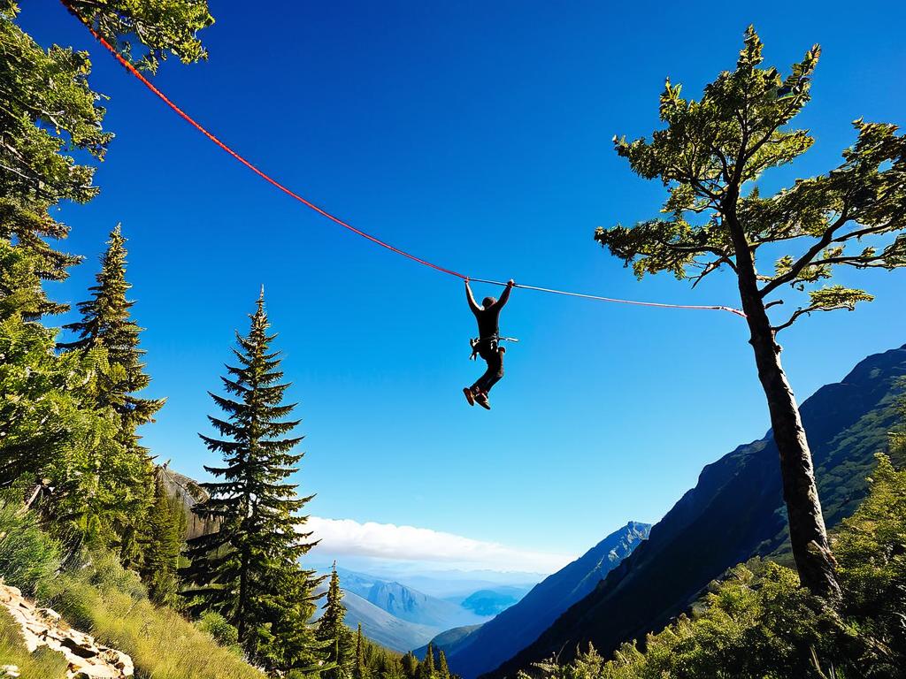 Человек идет по слэклайну высоко над деревьями и горами на фоне голубого неба