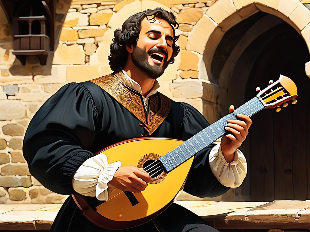 Средневековый испанский бард поет балладу, аккомпанируя себе на лютне