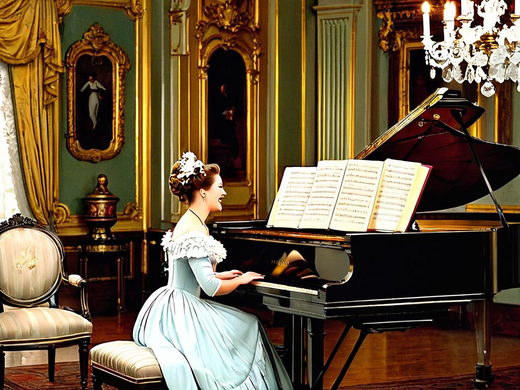 Салон 19 века, женщина поет романс, аккомпанируя себе на фортепиано