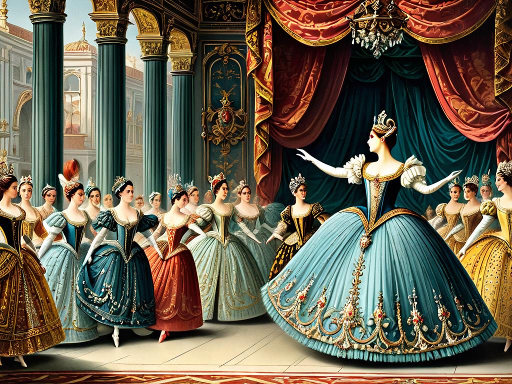 Иллюстрация придворного балета в пышных костюмах
