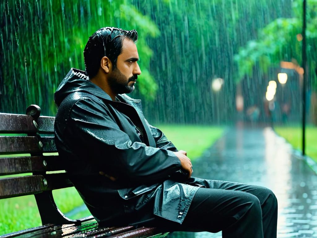 Одинокий задумчивый мужчина сидит на скамейке под дождем
