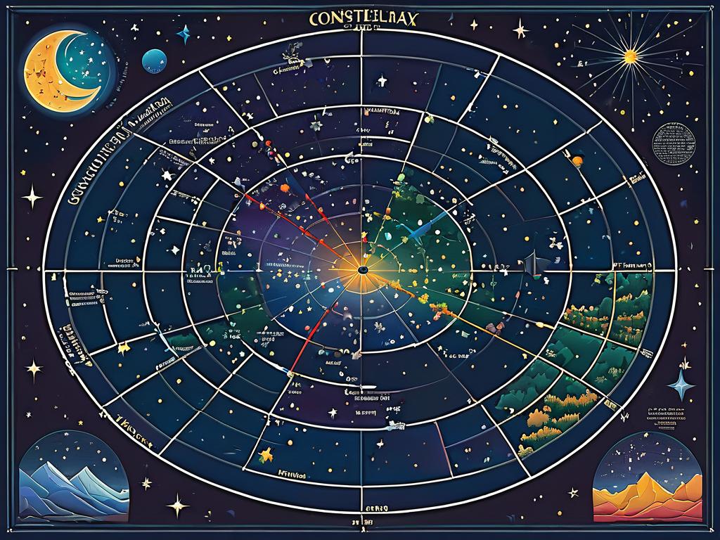 Карта ночного неба с обозначенными цветными созвездиями