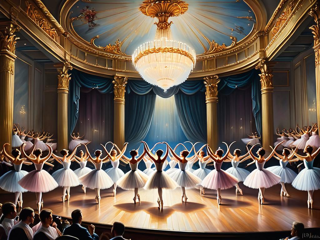 Картина танцующих на сцене балерин. Пример жанра балета в искусстве