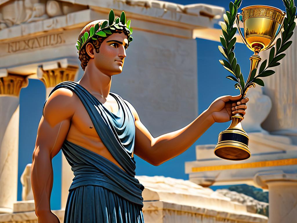 Древнегреческий атлет с лавровым венком на голове, держащий наградной кубок. Иллюстрирует