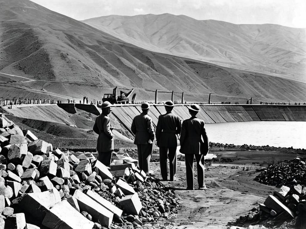 Инженеры осматривают строительство плотины на озере Севан в 1930-х годах