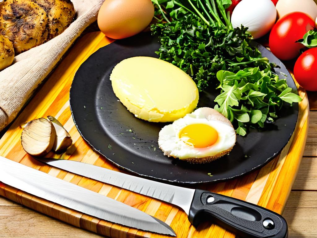Грибы шампиньоны, куриное филе и яйца на разделочной доске с ножом, овощами и зеленью