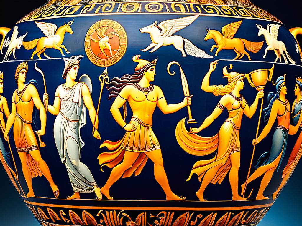 Древнегреческий сосуд с изображением богов и героев. Сосуд демонстрирует сложность мифов и их