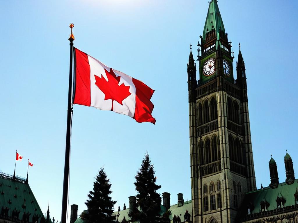 Флаг Канады развевается на Парламентском холме в Оттаве